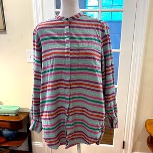 Lands End Striped Women’s Flannel Button-Up Top with side pockets.  Size M